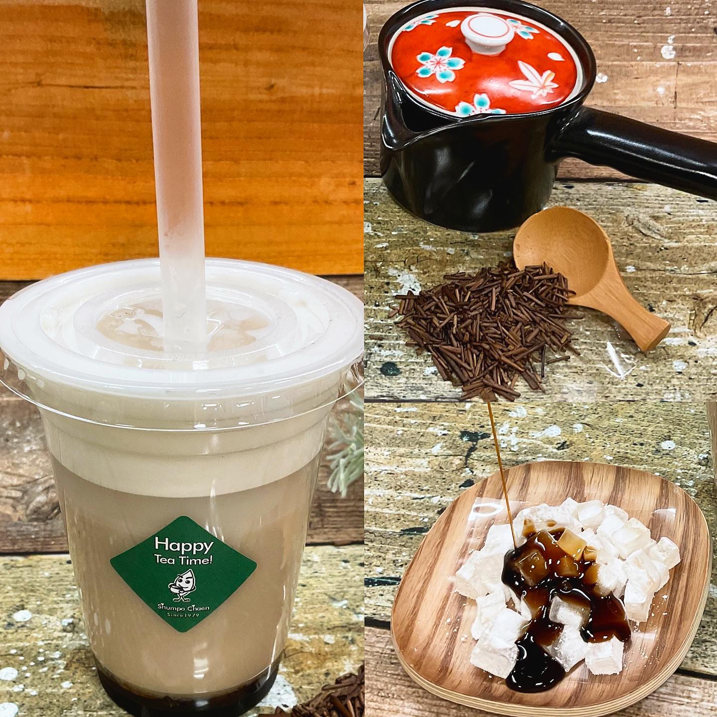 しゅんぽうカフェおすすめメニュー『黒みつトロもちほうじ茶ソイラテ』580円（税込）黒みつが絡まる柔らかいわらび餅…ほんのりくて香ばしいほうじ茶ソイラテ…この絶妙なコンビネーションが最高美味しい満足感たっぷりのスイーツドリンクです️この季節おすすめドリンクです❣️