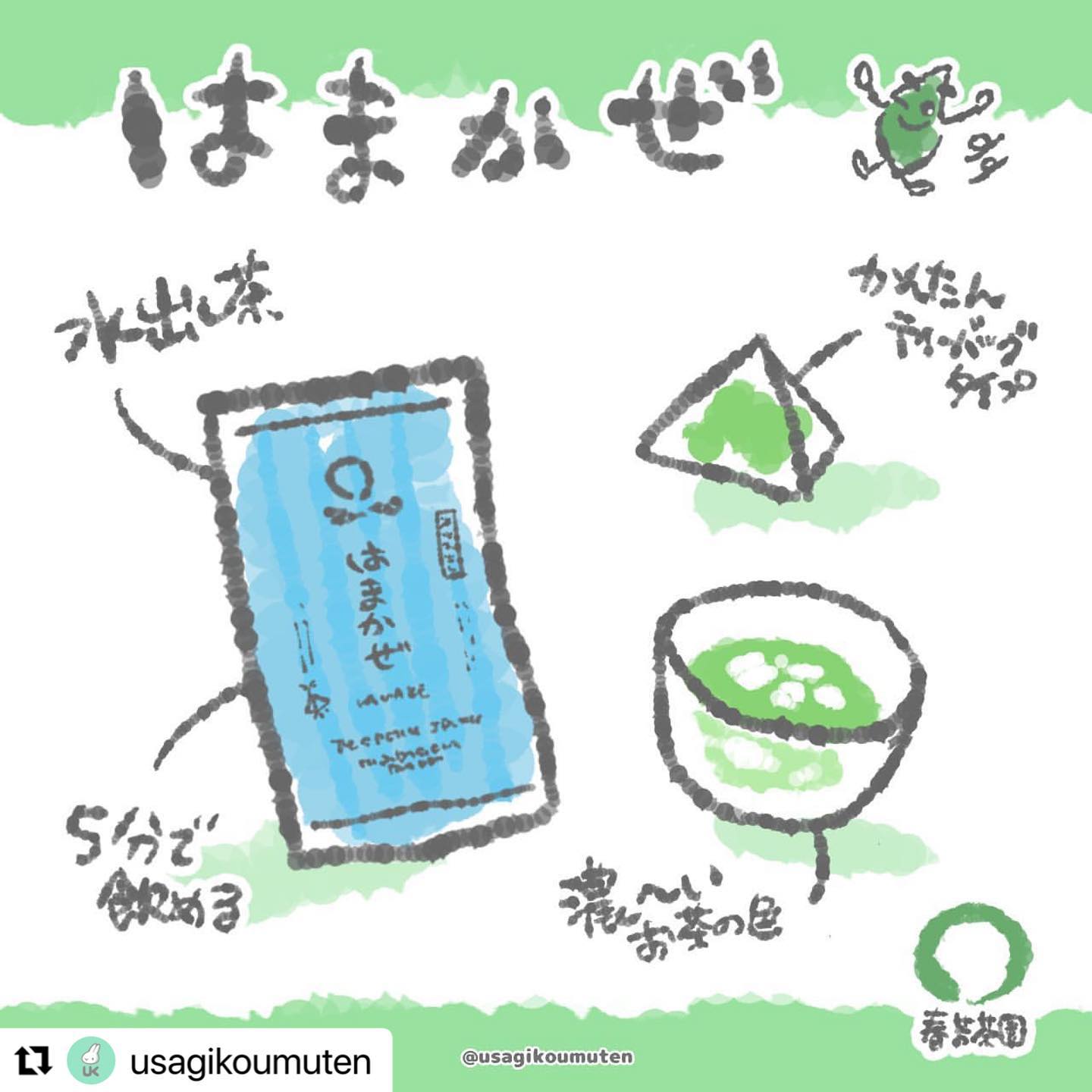 公式パートナー@usagikoumuten さまが人気の水出し緑茶「はまかぜティーバック」をご紹介してくださいました！---------------------------------------------------------こんにちは️本日は日本茶専門店『春芳茶園』さまの水出し緑茶【はまかぜ】のご紹介かんたん美味しい贅沢厳選水出し緑茶です詳しいこだわりの製法やお得なセットなどは春芳茶園さまのアカウントから是非WEBサイトを覗いてみてくださいね@shumpo_special_japanese_tea8/13(土) 20:00からはそんな【はまかぜ】のインスタライブ『アレンジティーを作ろう！』が予定されていますのでお見逃しなく❣️勿論私も拝聴させて頂きます引き続きお茶便りをどうぞお楽しみに------------------------------------------素敵なやさしいイラストで、わかりやすくご紹介いただいています淹れ方も詳しく描かれていて、当園のしおりにしたいくらいです！イラストを描ける人って本当にすごいです！！